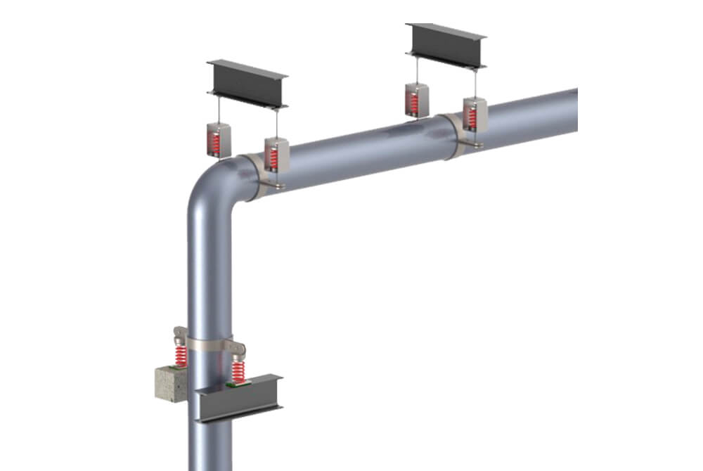 Pipe riser isolation with Sylomer spring mounts in a tall building